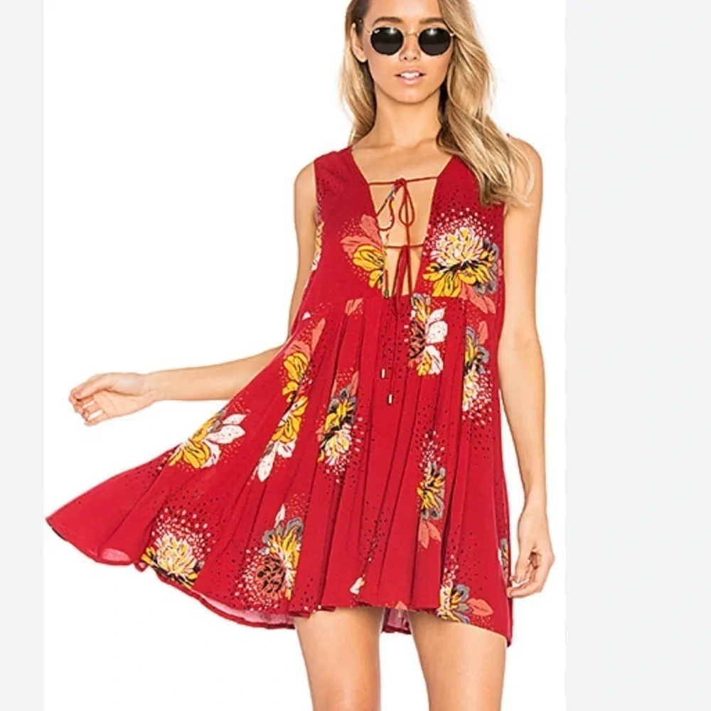 Free People Womens Lovely Day Floral Printed Tunic Size XS Red Boho Sleeveless